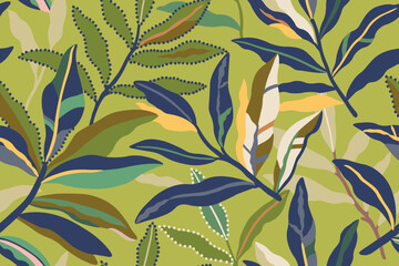 Green and blue leaf pattern, floral pattern, abstract pattern. Vector illustration on a green background.