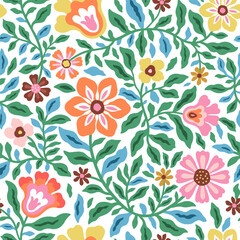 Colorful patterns depicting tropical plants, flowers, flower twigs, leaves on a white background. Foliage of exotic plants in summer for banners, prints, decor.