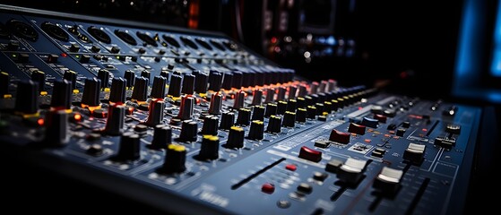 Obraz na płótnie Canvas Professional Audio Mixing Console with Multiple Knobs and Microphone for Studio Recording and Live Performances Generative AI