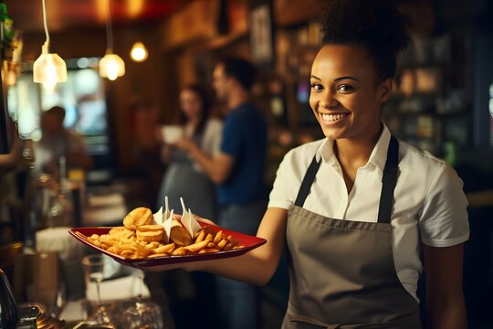 Friendly Waitress Serving Delicious French Fries with a Smile in a Cozy Restaurant Setting Generative AI