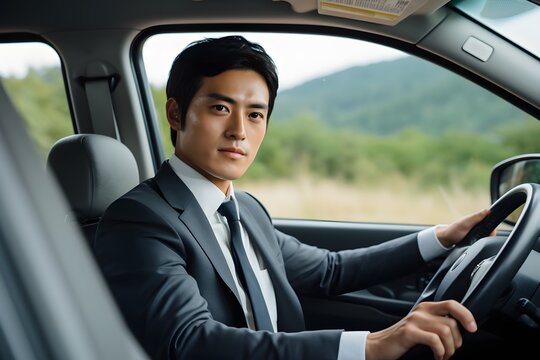 Confident Businessman in a Black Suit Sitting Behind the Wheel of a Luxury Car with a Serious Expression on His Face Generative AI