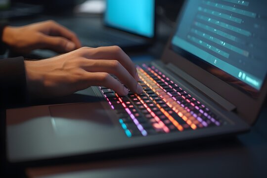 Creative Workspace with Colorful Keyboard and Productive Typing on Laptop Computer Generative AI