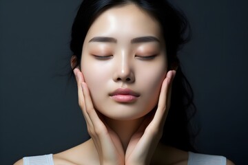 Serene young woman with closed eyes and hands resting on her face in a peaceful moment of reflection. Generative AI