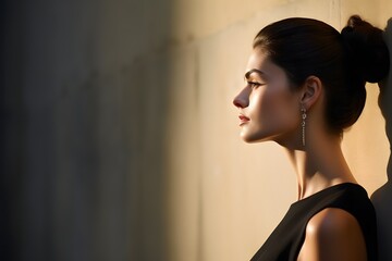 Serene young woman in elegant black dress standing with eyes closed against textured wall background. Generative AI