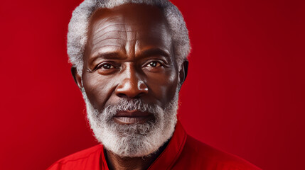 Handsome elegant, elderly African American man, on a red background, banner, close-up, copy space.