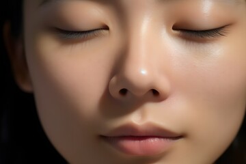 Serene Woman with Closed Eyes in Black Shirt Meditating in Peaceful Silence Generative AI