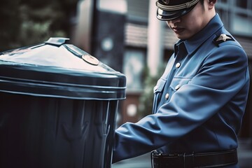Uniformed Sanitation Worker Disposing of Waste in Garbage Bin on City Street Generative AI - obrazy, fototapety, plakaty