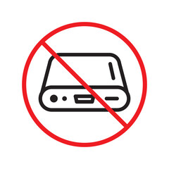 Forbidden power bank vector icon. Warning, caution, attention, restriction, label, ban, danger. No charger flat sign design pictogram symbol. No power bank recharger icon UX UI icon