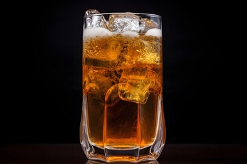 Refreshing cold beer with ice cubes in a glass on a wooden table, perfect for a hot summer day. Generative AI