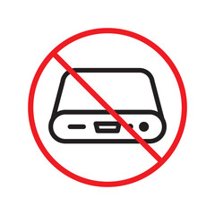Forbidden power bank vector icon. Warning, caution, attention, restriction, label, ban, danger. No charger flat sign design pictogram symbol. No power bank recharger icon UX UI icon