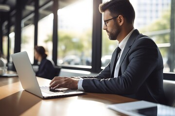 Businessman in Formal Attire Concentrates on Work While Typing on Laptop at Desk in Modern Office Setting Generative AI