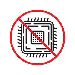 Forbidden processor vector icon. Warning, caution, attention, restriction, label, ban, danger. No CPU flat sign design pictogram symbol. No micro chip icon