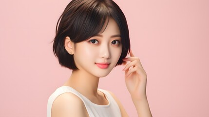 Confident young Asian woman with short hair and white tank top striking a pose for a photo shoot. Generative AI
