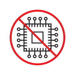 Forbidden processor vector icon. Warning, caution, attention, restriction, label, ban, danger. No CPU flat sign design pictogram symbol. No micro chip icon