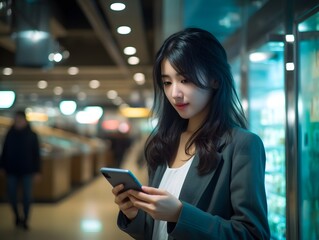 Busy Businesswoman Checking Messages on Smartphone While Outdoors in Gray Jacket Generative AI