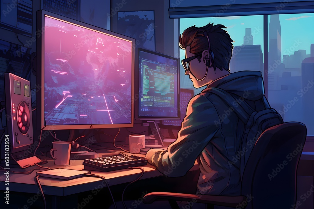 Wall mural focused anime man working on computer with dual monitors and keyboard on desk in modern office setti
