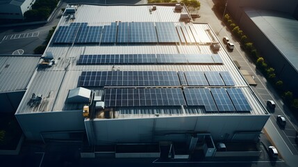 Modern Commercial Building with Solar Panels on Rooftop and Spacious Parking Lot Generative AI