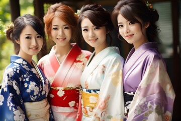 Three Japanese Women in Traditional Kimono Posed for a Photo in Front of a Beautiful Building Generative AI