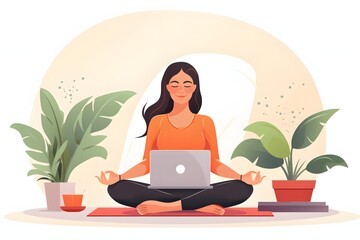 Fototapeta na wymiar Serene Businesswoman Working from Home in Lotus Position with Laptop on Wooden Floor Generative AI