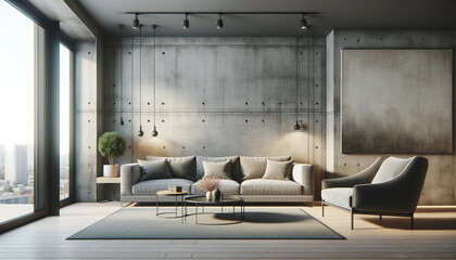 Modern interior design of an apartment, featuring a living room with a gray sofa over a concrete, stucco wall.