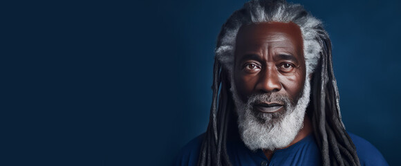 Handsome elderly black African American man with long dreadlocked hair, on a dark blue background, banner.