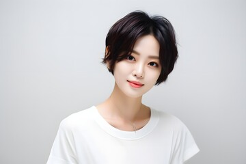 Confident young woman with short hair and white shirt posing for a stylish portrait in natural light Generative AI