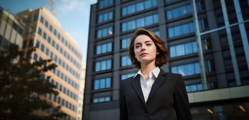 Fototapeta na wymiar Confident Businesswoman in Formal Attire Standing Proudly in Front of a Skyscraper Building Generative AI