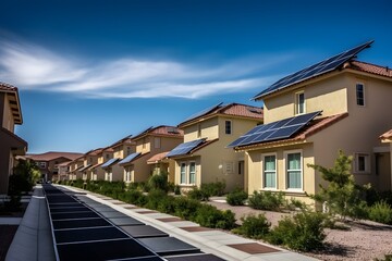 Fototapeta na wymiar Green Living Eco-Friendly Houses with Solar Panels and Energy-Efficient Windows Generative AI