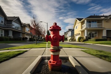Vibrant Red Fire Hydrant Standing Proudly on the Sidewalk of a Busy Street Generative AI - obrazy, fototapety, plakaty