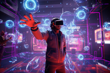 Virtual Reality Adventure- Man Engaging with Holographic Orbs