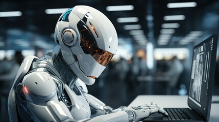 Modern robot of the latest generation from the future cyberpunk is working on a laptop