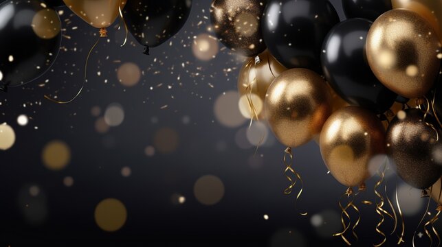 Black and Gold Balloons with Glitter Confetti for a Classy Celebration - Generative AI Elegance
