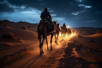 Arabians riding camels across the desert over a caravan - obrazy, fototapety, plakaty