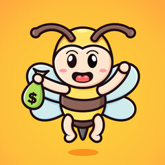 Cute cartoon bee experience success and get a bag of money