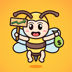 cute cartoon bee holding a board and a money bag
