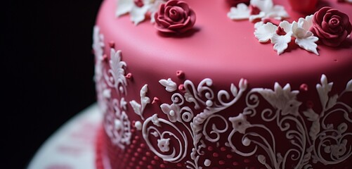 A close-up photograph of a Valentine's Day cake adorned with intricate frosting details inspired by the Decorator pattern, adding a touch of elegance and sweetness