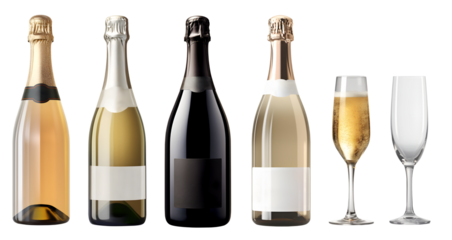 Set of champagne wine bottle with blank label and wine glass filled and empty on transparent background cutout, PNG file. Mockup template for artwork graphic design