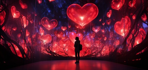 A Decorator-patterned digital art installation, where lights and projections come together to create a visually stunning and immersive experience for Valentine's Day - obrazy, fototapety, plakaty