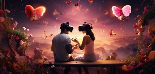 A digital art composition of a virtual reality experience created with the Singleton pattern, immersing couples in an exclusive and dreamlike celebration of Valentine's Day - obrazy, fototapety, plakaty