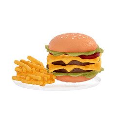 fast food menu 3d clipart, Classic cheeseburger with a side of fries on a transparent background. 3d rendering