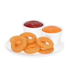 fast food menu 3d clipart, set of onion rings with dipping sauces on a transparent background. 3d rendering