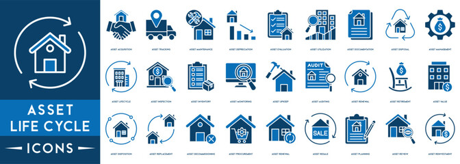 Asset life cycle icon vector illustration concept with an icon of planning, acquisition, operation, maintenance, and decommission - obrazy, fototapety, plakaty