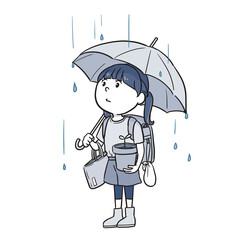 雨の日にたくさんの荷物を持つ小学生（1トーン）