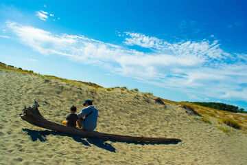 中田島砂丘の流木に座る親子の後ろ姿と青空