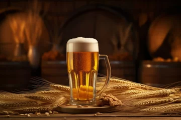 Tuinposter Beer glass with foam beer and scattered malt © Dzmitry Halavach