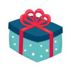 Gift box with ribbon and stars for Christmas or New Year. Flat vector illustration isolated on white background.