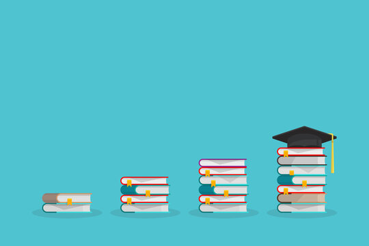 Graduation cap on the steps made of book. Education progress concept. 