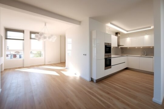 white cabinets in light spacious modern empty open plan stylish refurbished apartment 