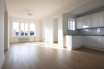 white cabinets in light spacious modern empty open plan stylish refurbished apartment 