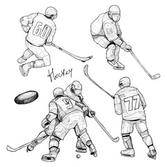 Hockey players vector set. Sport drawing illustration.